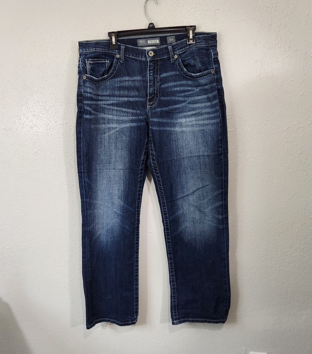 BKE Tyler Mens Jeans 36R Straight Leg Dark Wash Whiskered Buckle Denim Y2K